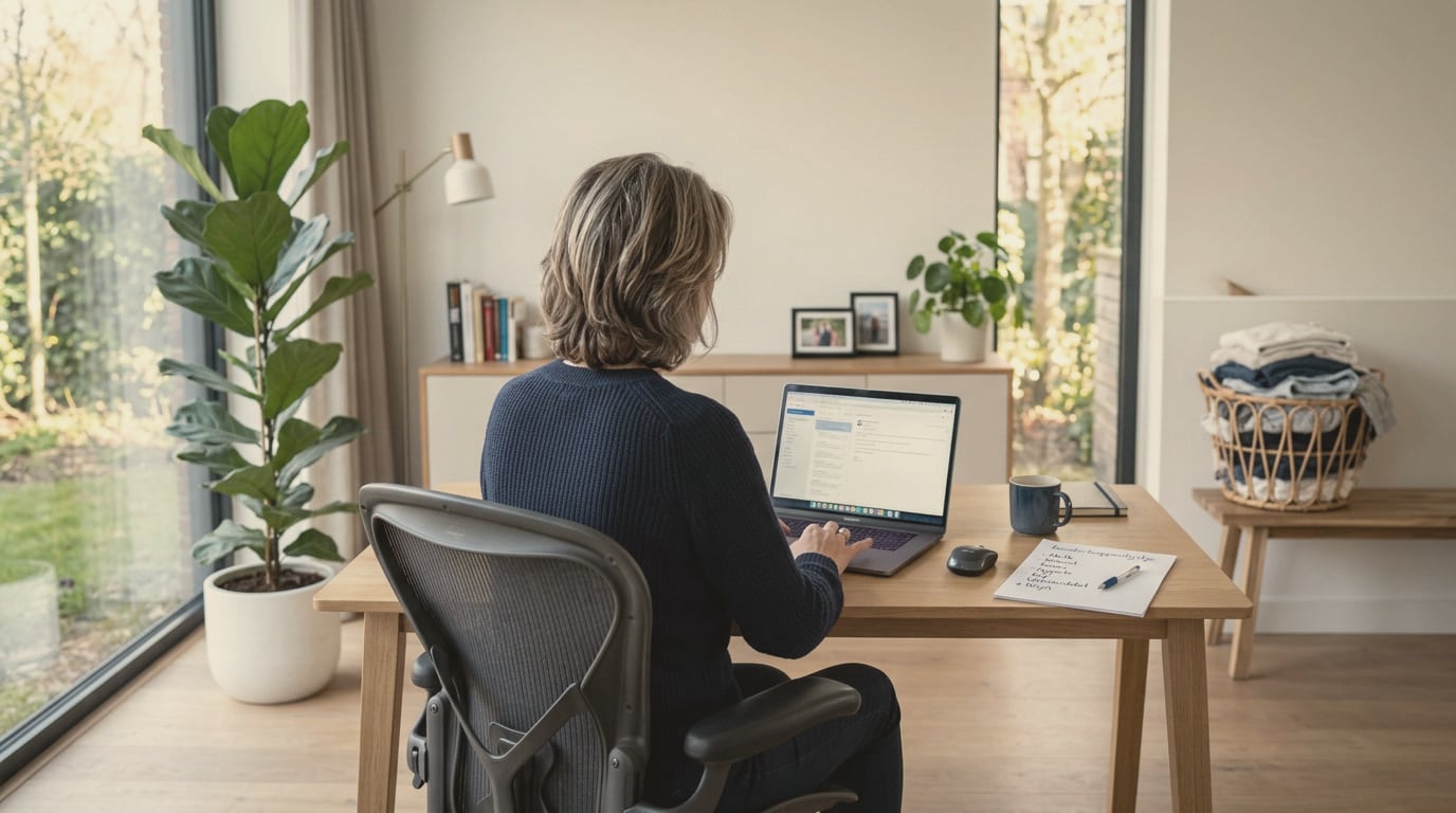 Vrouw achter haar laptop aan een bureau, met naast haar een handgeschreven takenlijstje