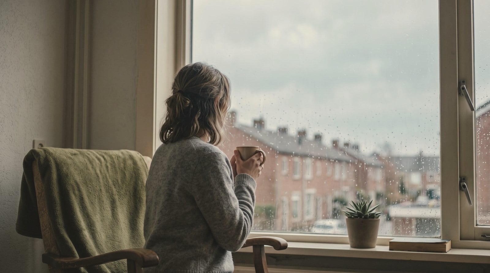 Een vrouw met een kop thee kijkt door een raam met regendruppels naar buiten