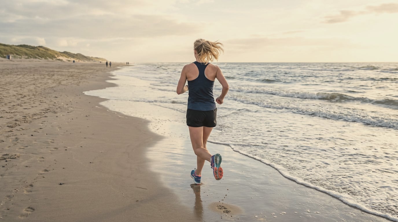 Vrouw rent over het strand langs de vloedlijn, met de duinen op de achtergrond