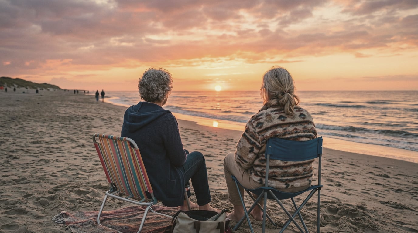 Twee vrouwen in strandstoelen kijken samen naar de zonsondergang boven zee