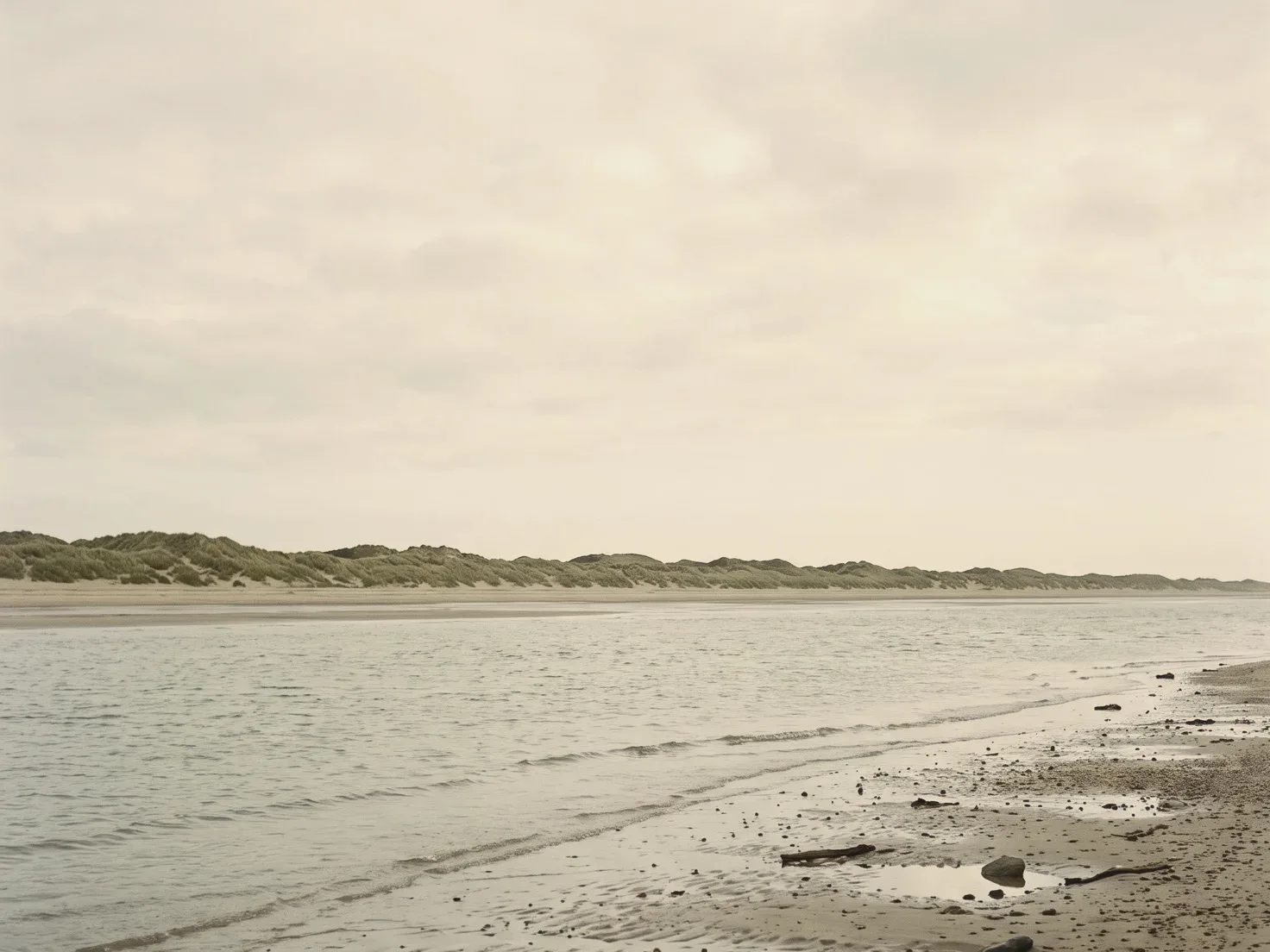 Een geul met kalm grijs water tussen nat strand en een lange rij duinen met helmgras, onder een egaal bewolkte lucht.