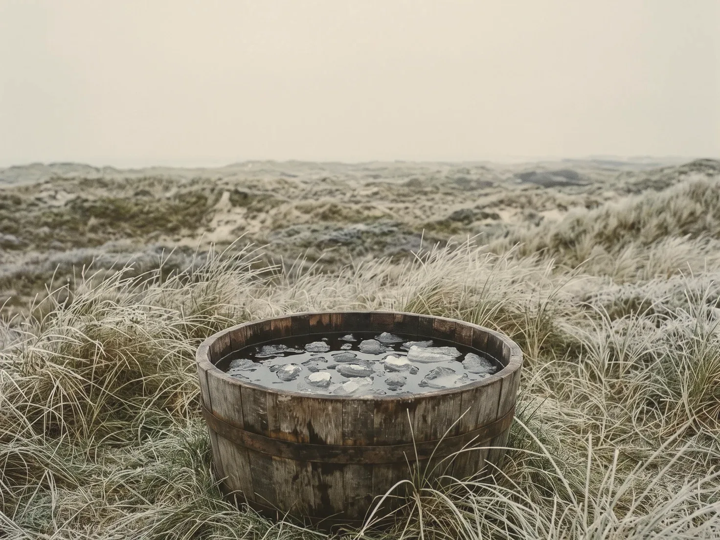 Een houten tobbe met donker water en drijvende stukken ijs tussen berijpt duingras, onder een grijze winterlucht.