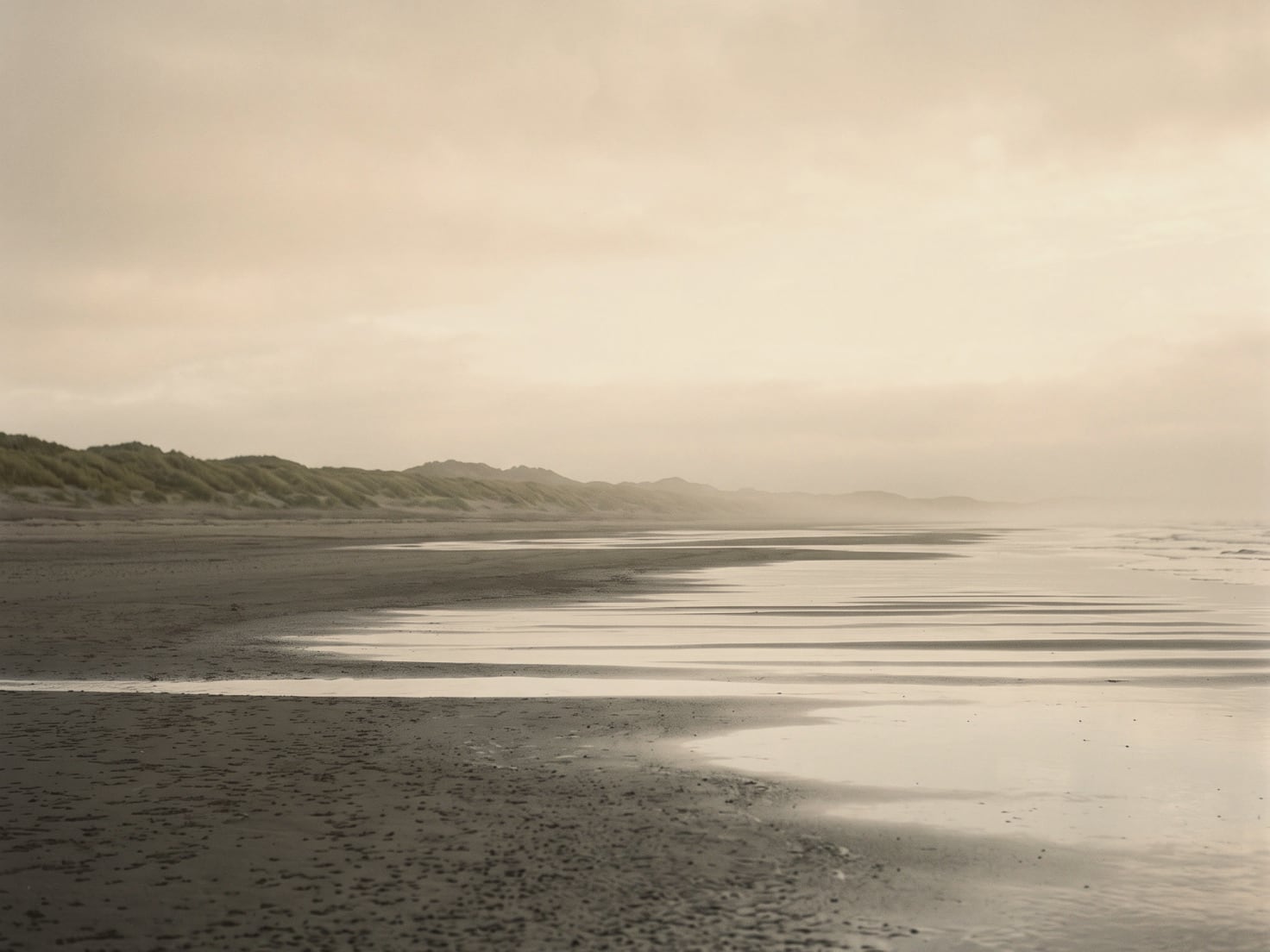 Een leeg strand bij laagwater in de ochtendmist, met ondiepe plassen die de bleke lucht weerspiegelen en een lage duinrij met helmgras in de verte.