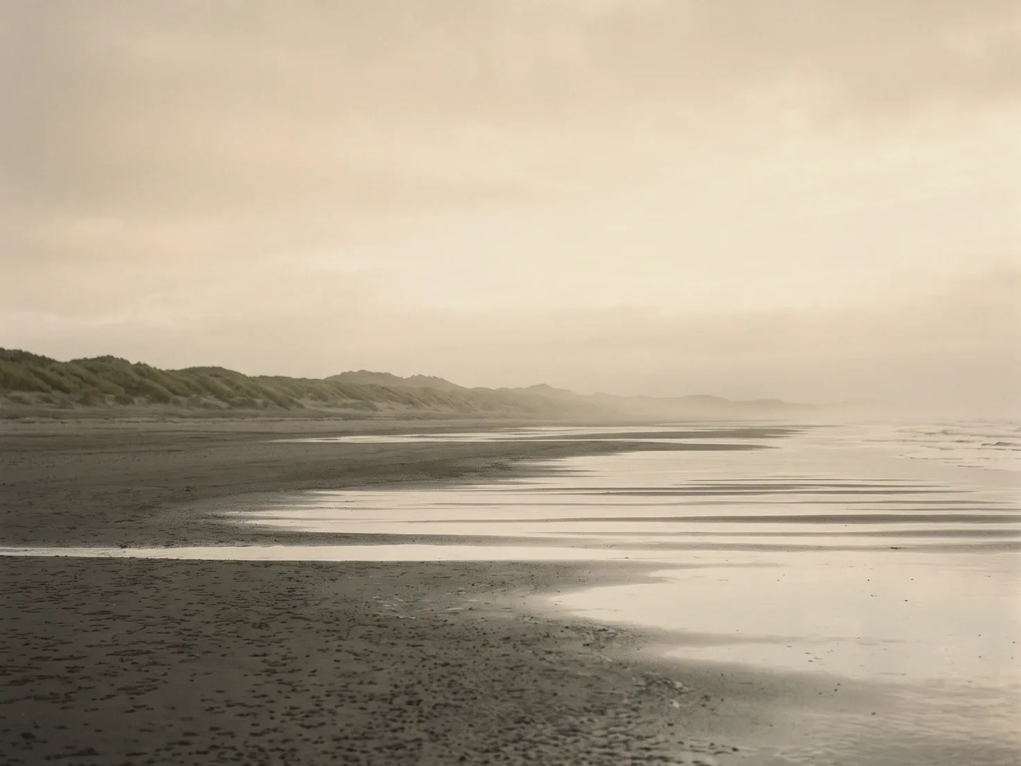Een leeg strand bij laagwater in de ochtendmist, met ondiepe plassen die de bleke lucht weerspiegelen en een lage duinrij met helmgras in de verte.