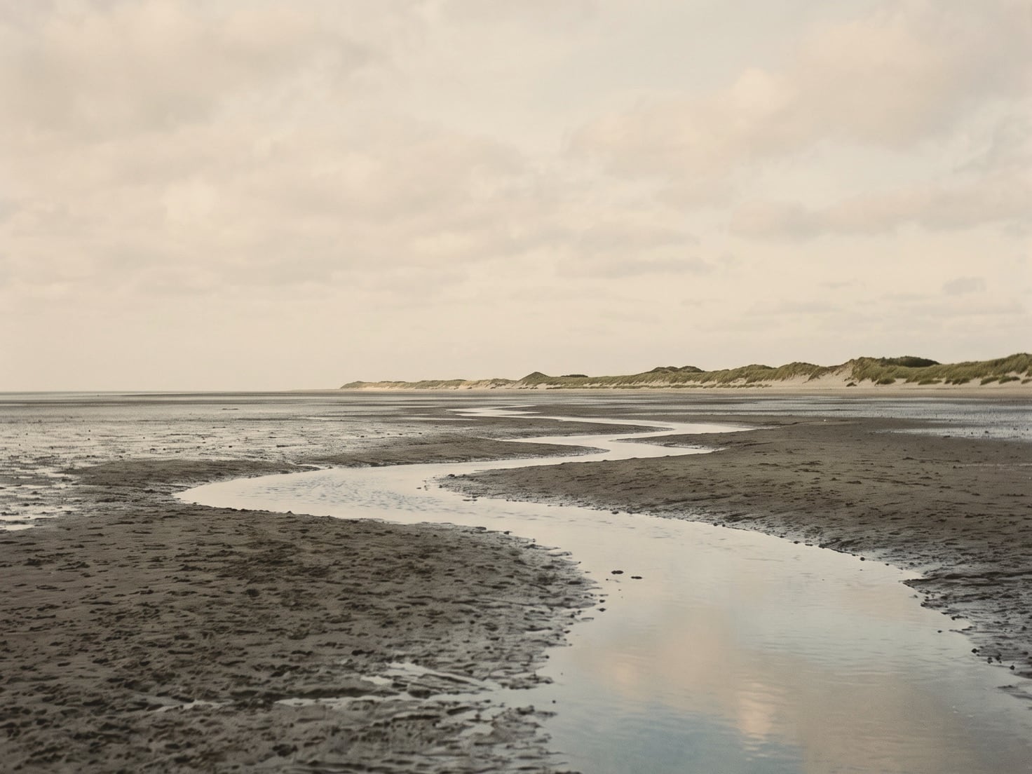 Nat wad bij laagwater met ondiepe geulen die een bleke lucht weerspiegelen, met ver weg een lage lijn van duinen