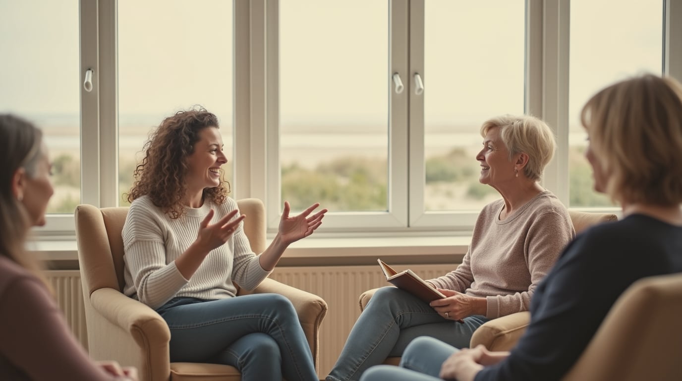 Een gesprek in een kleine groep met uitzicht op zee